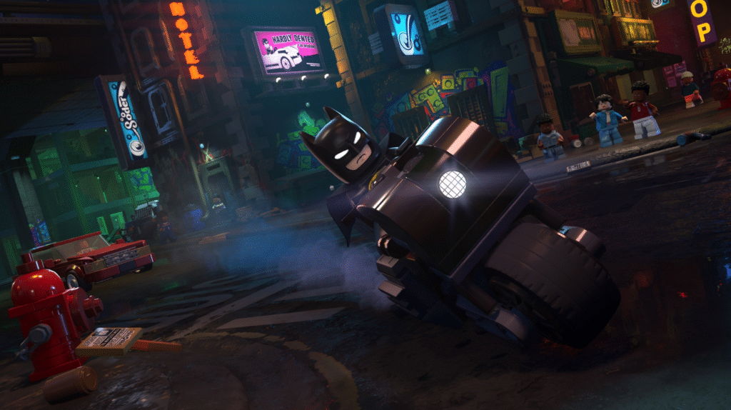 This screenshot shows Batman riding through Gotham City on his motorcycle.
