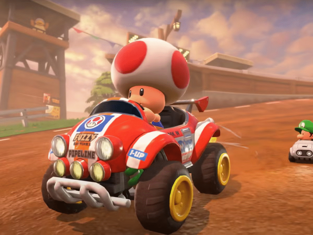 Toad riding a kart in Mario Kart World